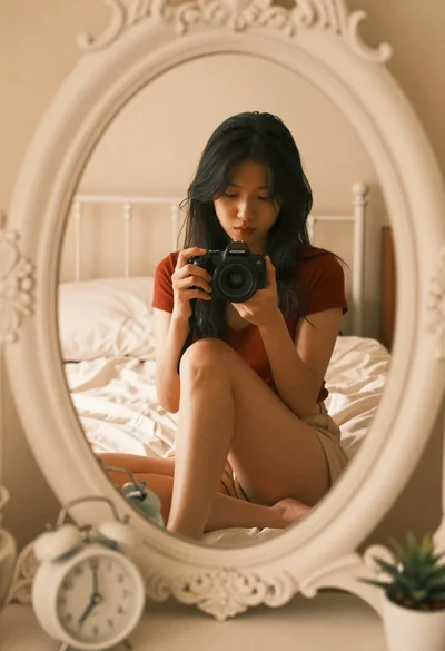 Young woman holding camera reflected in ornate white bedroom mirror