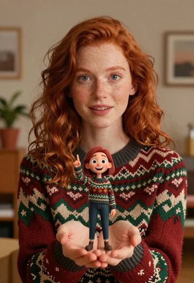 Close up portrait of woman holding miniature animated version of herself