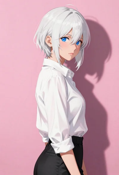 Anime portrait of woman with white hair looking over shoulder