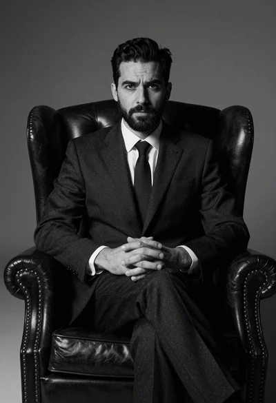 Medium shot of man in dark suit sitting in leather armchair studio
