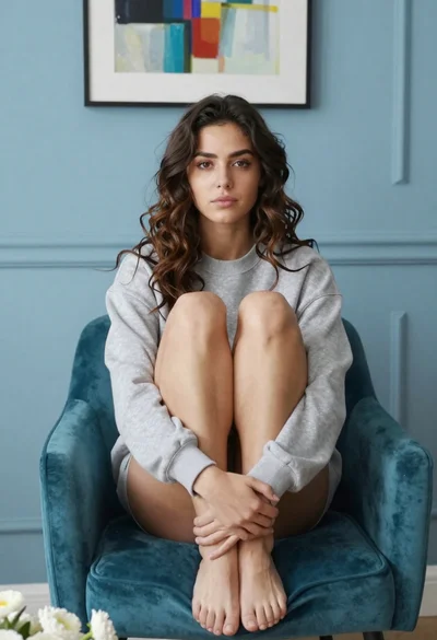Young woman in grey sweatshirt sitting barefoot on teal velvet armchair indoors