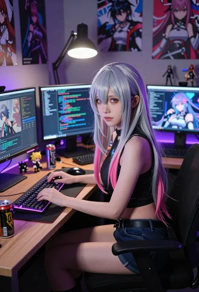 Young woman with silver hair typing at cluttered cyberpunk desk under purple