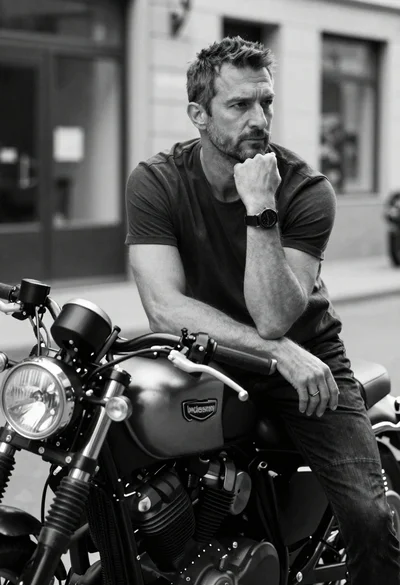 Black and white portrait of man on motorcycle in city