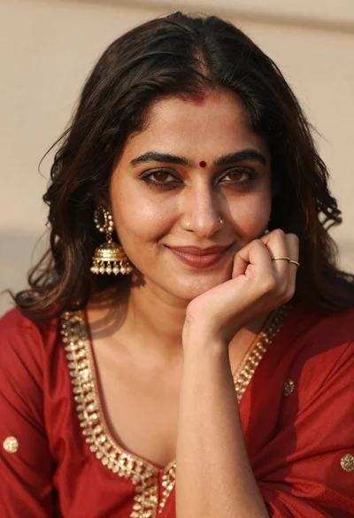 Portrait of woman in red traditional dress with gold jewelry smiling