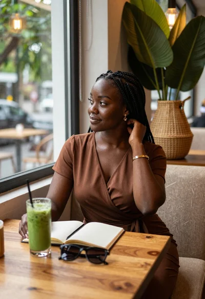 Black woman in brown dress at cafe window