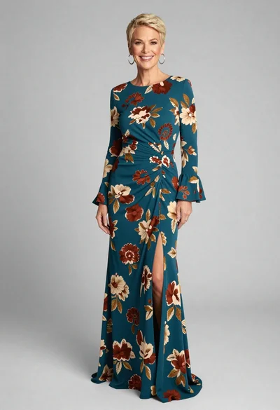 Full body portrait of smiling woman in teal floral evening gown