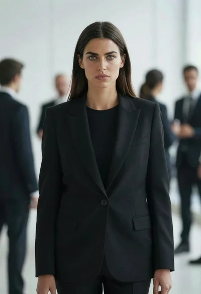 Confident woman in black blazer stands in modern office with blurred colleagues