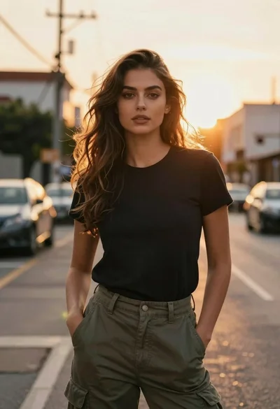 Woman in black shirt on urban street at sunset