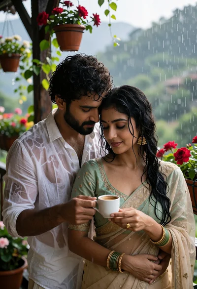 Romantic couple embracing in the rain on a balcony overlooking misty hills
