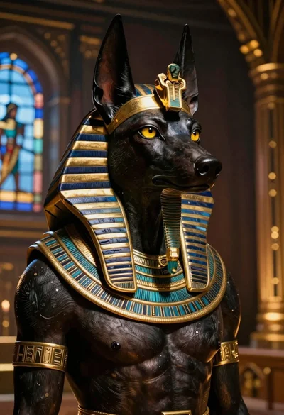 Hyperrealistic jackal figure in ancient egyptian regalia