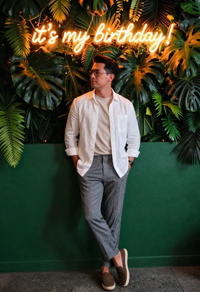 Stylish man against green wall with neon glow