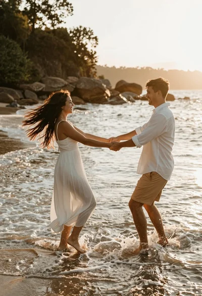 Joyful couple spinning hand in hand in ocean surf at golden hour