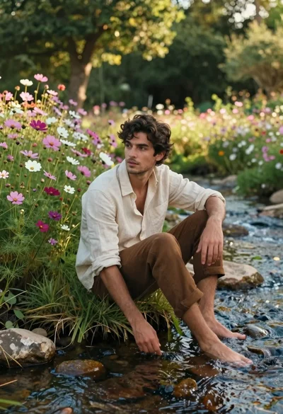 Young man in linen shirt sitting by a stream among wildflowers