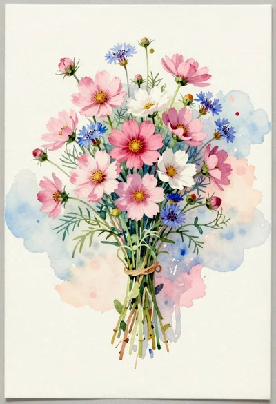 Delicate watercolor painting of vibrant floral bouquet on textured paper