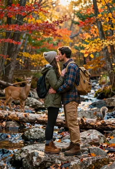 Romantic couple kissing in autumn forest near a stream
