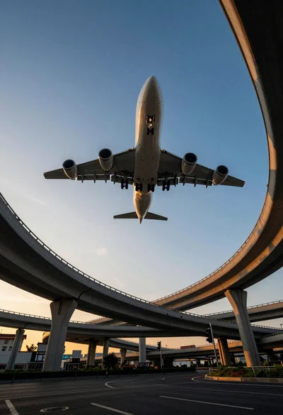 Massive white passenger jet descending over complex elevated highway interchange at twilight