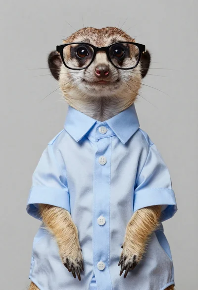 Hyperrealistic portrait of meerkat wearing glasses and blue shirt