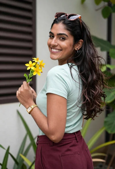 Smiling woman looking back over shoulder holding yellow flowers outdoors