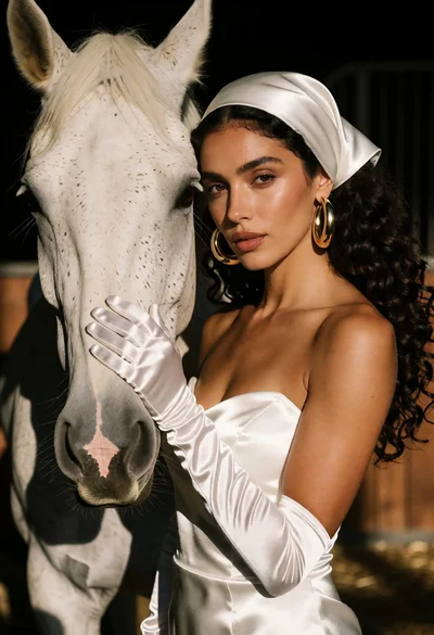 Woman in white satin dress touching muzzle of white horse indoors