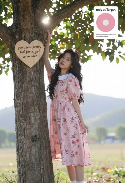 Young woman leaning on tree trunk wearing floral dress outdoors