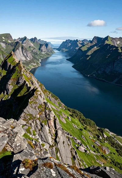 High angle view of rugged mountain range overlooking a deep blue fjord
