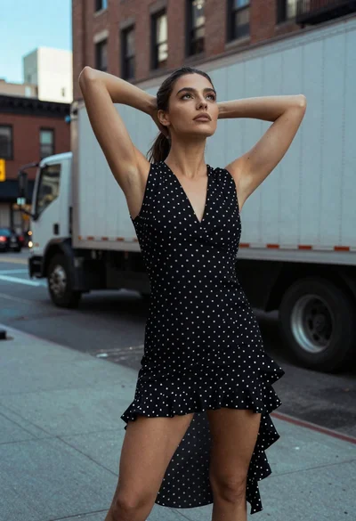 Woman in black polka dot dress standing on city sidewalk looking up