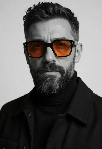 Close up portrait of a bearded man wearing large orange sunglasses studio