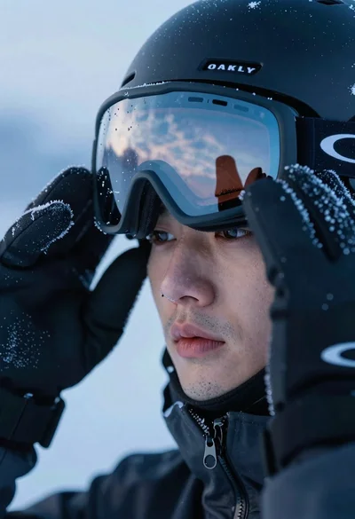 Skier adjusting goggles in misty high altitude mountains