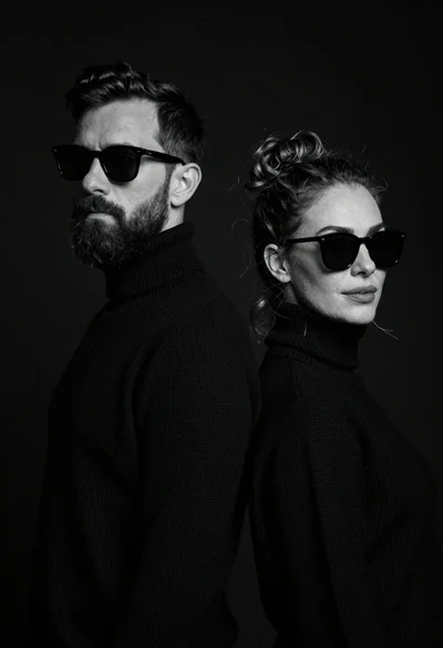 Stylish man and woman back to back in black turtlenecks against black