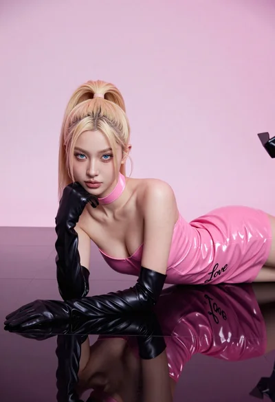 Fair blonde woman in hot pink latex dress on reflective black studio