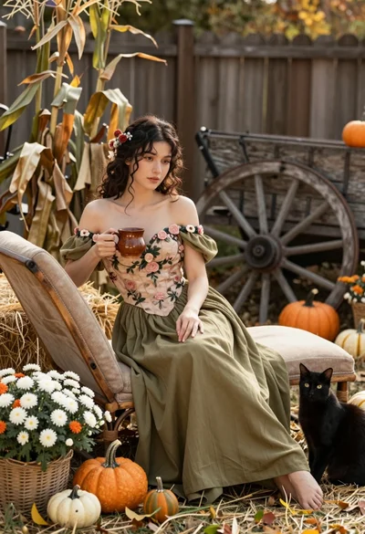 Young woman on chaise lounge surrounded by autumn garden decor
