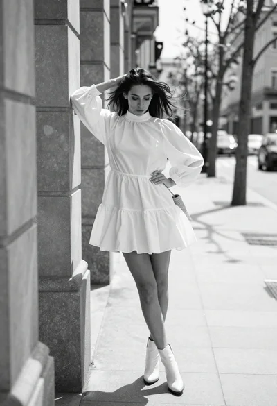 Stylish woman in white mini dress leaning against stone pillar on city