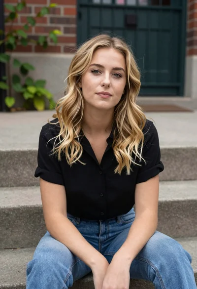 Blonde woman sitting on concrete steps outdoors near brick wall