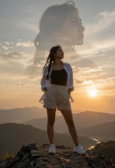 Young woman on mountain peak with ethereal face double exposure at sunset