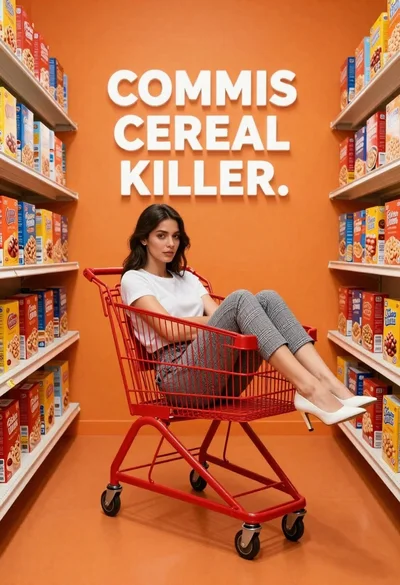 Young woman sitting inside red shopping cart in room with orange walls