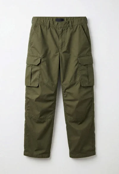 Full length olive green cargo trousers displayed on seamless white studio background