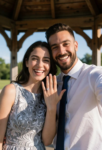 Joyful couple displaying diamond ring under wooden gazebo in park setting