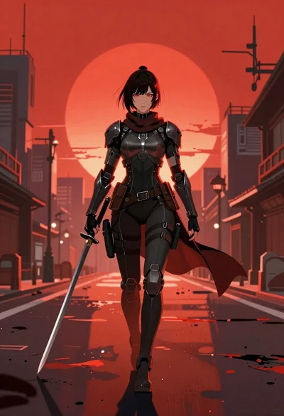 Futuristic warrior in cybernetic armor on city street