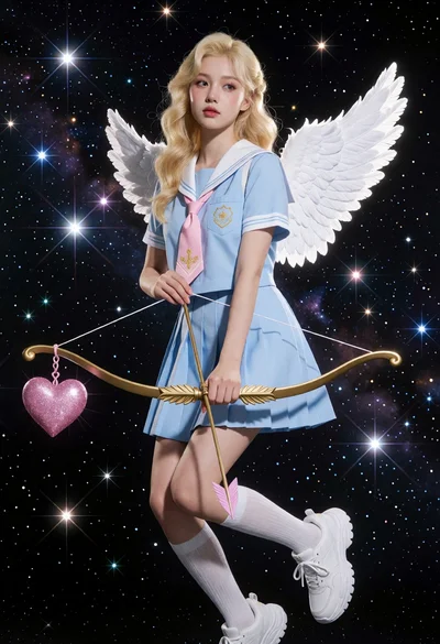 Blonde woman in sailor uniform floating among cosmic stars as cupid