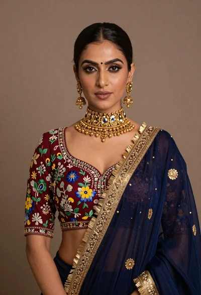 Portrait of woman wearing maroon embroidered blouse and heavy gold jewelry