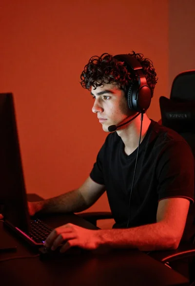 Young man working at desk with computer screen under red ambient light