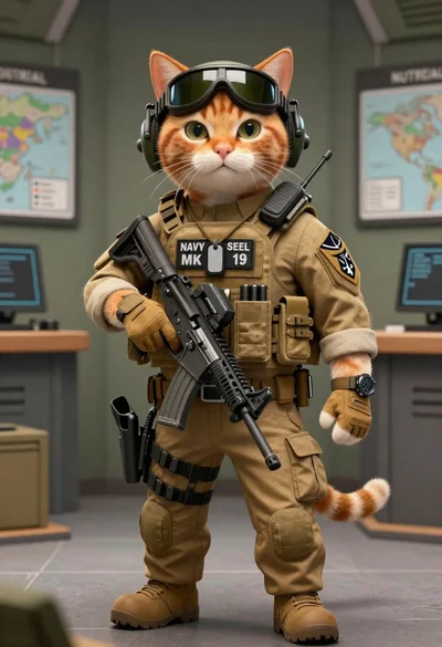 Tactical orange tabby cat in a military briefing room