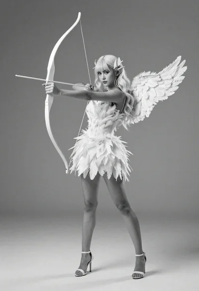 Full body portrait of angelic archer in feathered dress studio setting