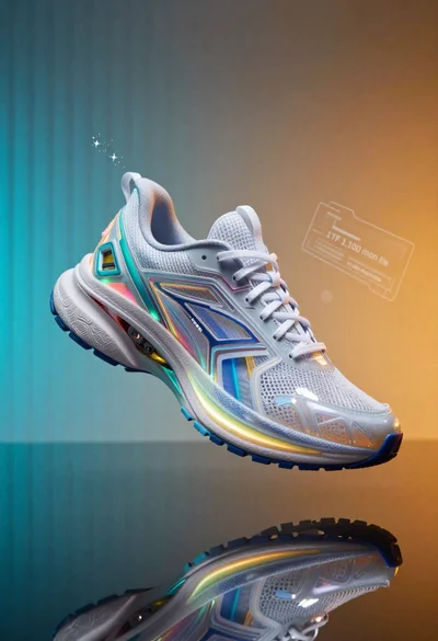Futuristic running shoe on a split color surface