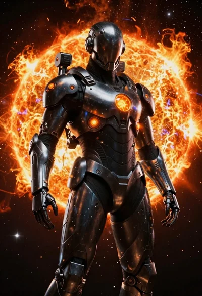 Futuristic space explorer in deep space near solar flare