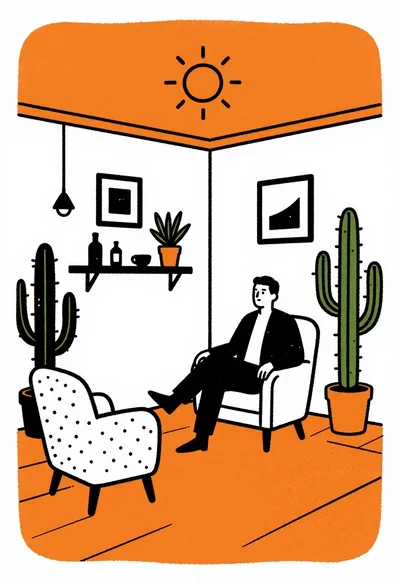Surreal living room illustration with man in armchair