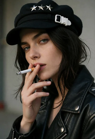 Close up portrait of woman in leather jacket holding cigarette against grey