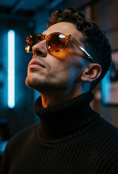 Close up portrait of man looking upward in neon lit urban setting