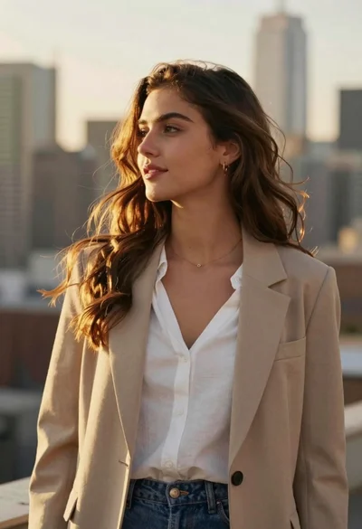 Young woman in beige blazer against city skyline at golden hour