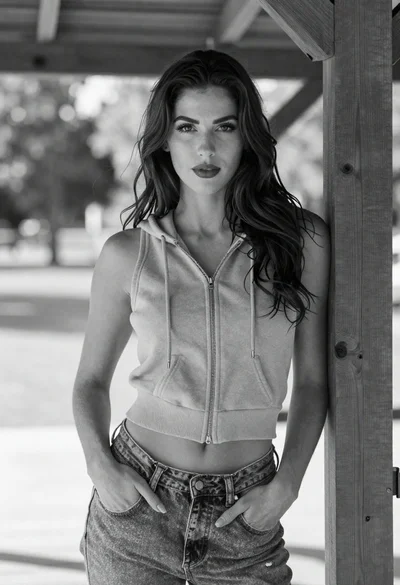 Black and white portrait of woman under wooden structure